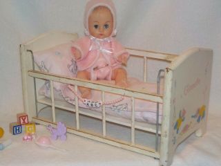 8 " Vintage Molded Hair Baby Doll W/wooden Ginnette Vintage Crib & Toys