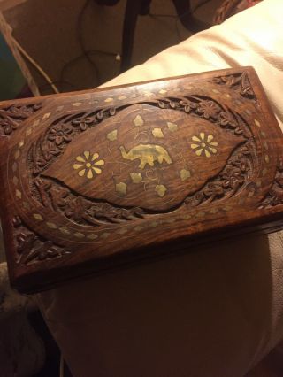 Vintage Ornate Carved Wooden Trinket Box Indian,  Floral Inlay.