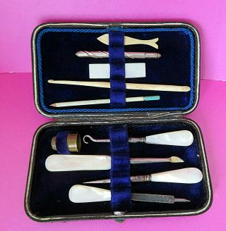 Antique Leather Sewing Kit,  Pearltools,  Thimble,  Winders Crochet Hook Needle Case.