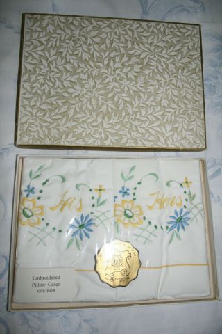 Pair Vintage Irish Linen Embroidered His & Hers Pillowcases Boxed.