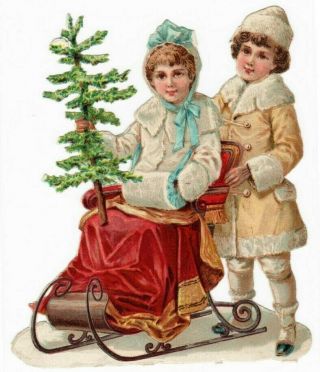 1880s Antique Christmas Die Cut Scrap Happy Children With Sled - R Tuck