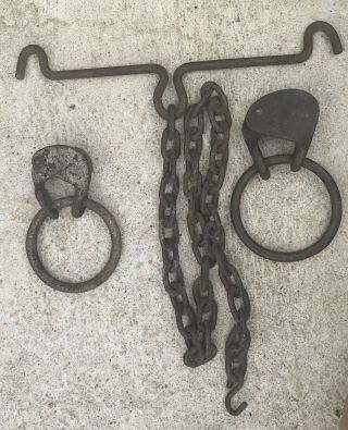 Antique Large Wrought Iron Chain & Rings Primitive Barn Find Early Hand Forged