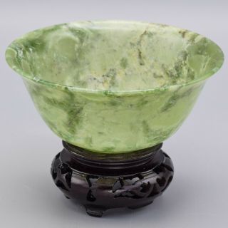 Antique Chinese Translucent Green Jade Bowl With Stand 64.  5 Grams 101 X 50 Mm