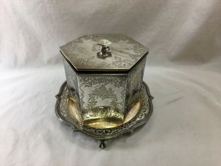 Antique English Silver Plate Biscuit Barrel Box Chased,  Engraved Footed