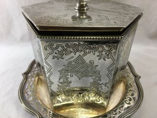 Antique English silver plate biscuit barrel box chased,  engraved footed 3