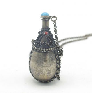 Vintage Tibetan/chinese White Metal & Turquoise Snuff/sent/opium Bottle & Chain