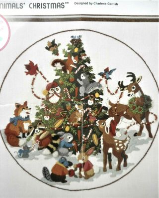 Rare Vintage Sunset The Animals Christmas Tree Vintage 16 " Crewel Embroidery Kit
