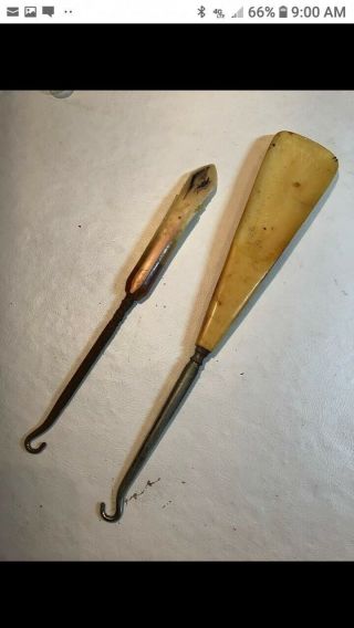 Antique Celluloid Button Hooks Pair Pearl Look Handle Shoe Or Clothing Or Glove