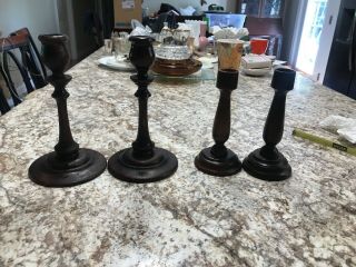 Set Of 4 Vintage Antique Wood Wooden Primitive Candlestick Candle Holders 7.  5