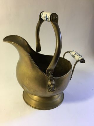Brass Coal Scuttle Bucket With Lion Head Design Delft Handles Antique Vintage
