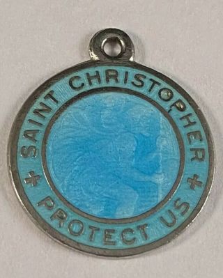 Rare Vintage Sterling Blue Turquoise Enamel St.  Christopher Metal Charm Pendant