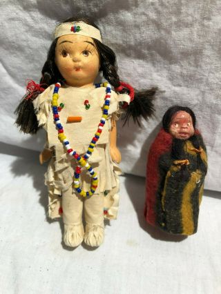 2 Vintage Native American Indian Dolls - Made In Japan - Nurse/wedding? Scary Face
