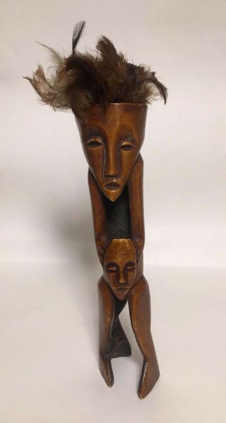 Antique Old African Tribal Folk Art Hand Carved Bone Sculpture Man Feather Hair