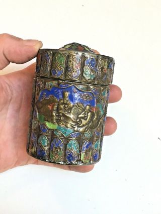 Antique Chinese Asian Blue Green Red Enamel On Brass Relief Tea Jar Opium Box