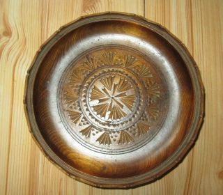 Vintage Round Carved Patterned Shallow Wooden Dish / Bowl