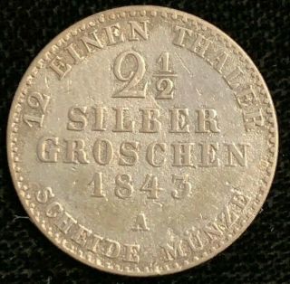 Rare 1843 A German States Prussia 2 1/2 Silbergroschen Silver Coin Blot 091