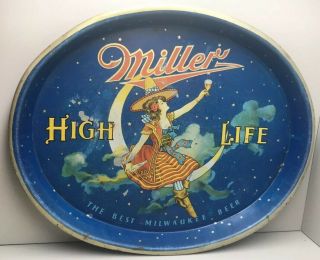 Rare Oval Miller High Life Beer Girl On Moon Vintage Oval Serving Tray