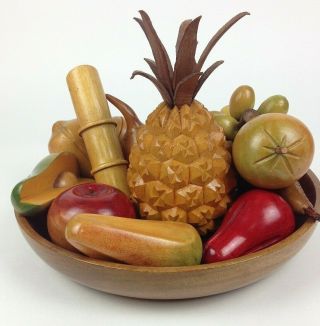 Vintage Carved Wooden Fruit And Bowl 13 Piece Set
