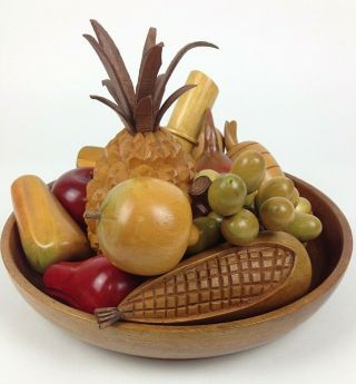 Vintage Carved Wooden Fruit And Bowl 13 Piece Set 2