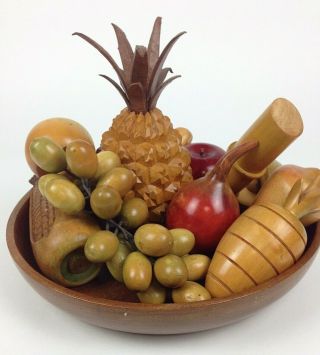 Vintage Carved Wooden Fruit And Bowl 13 Piece Set 3