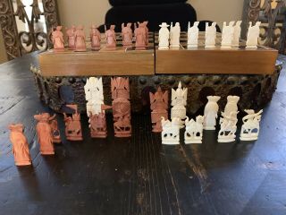 Antique Asian Hand Carved Bone Chess Game With Wooden Case (missing One)