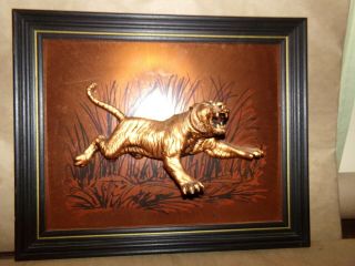 Vintage John Louw Framed Copper Sculpture Bengal Tiger 3d 16 X 13 Wall Art