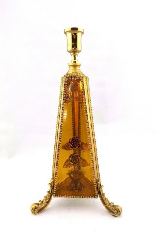 Rare Vintage Guildcrest Ormolu 24k Gold Plated Amber Glass Candlestick 11.  5 "