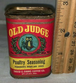 Antique Old Judge Poultry Seasoning Spice Tin David G Evans St Louis Mo Can Owl