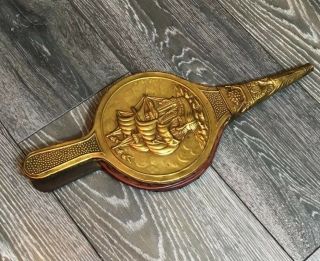 Vintage Brass Fire Bellows Hammered With Ship Design 37cms Antique Wooden Wood