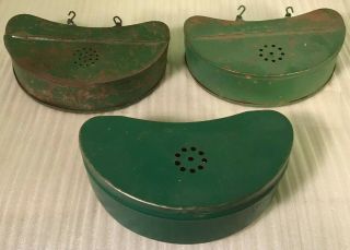 3 Vintage Green Metal Belt - Mount Fishing Bait Worm Boxes
