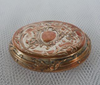 ANTIQUE SILVER PLATED PATCH BOX WITH EMBOSSED DECORATION - WELL MADE BOX - WORN 2