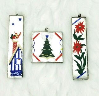 3 Antique Mirrorette Mirror 2 Sided Hand Painted Glass Christmas Ornaments Bt