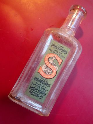 1920 - S Vintage Singer Sewing Machine Oil Glass Bottle W Label Finland Sweden