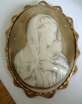 Antique Large Shell Cameo Brooch Pin,  Set In Rose Metal (copper?),  Lady In Veils