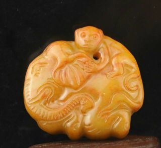 Chinese Old Natural Jade Hand - Carved Monkey Elephant Pendant 1.  9 Inch