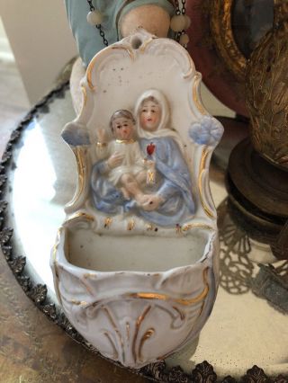 Antique Religious German Bisque Porcelain Holy Water Font Sacred Heart Madonna