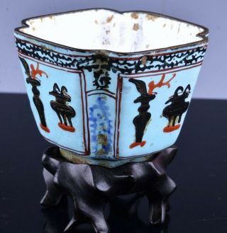 FINE 18THC CHINESE QIANLONG CANTON ENAMEL PRECIOUS OBJECTS WINE CUP w STAND 2