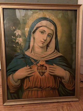 Antique Immaculate Heart Of Mary 19th C.  Victorian Church Framed Lithograph