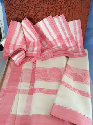 Vintage Pink & White Damask Tablecloth & 6 Napkins In Presentation Box