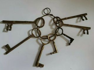 Set Of 7 Antique /vtg Large Oversized 7 " Solid Brass Skeleton Keys On Ring Heavy