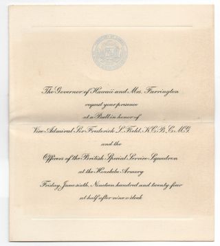 Rare 1924 Invitation To A Ball From The Governor Of Hawaii For British Squadron