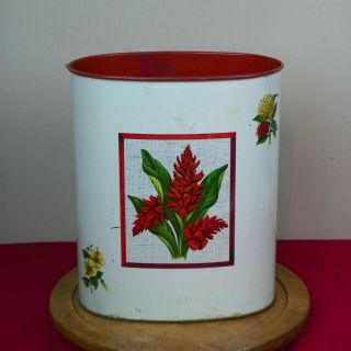 Vintage Red Ginger Hibiscus Flowers Metal Trash Can Made Of Homco Mcm