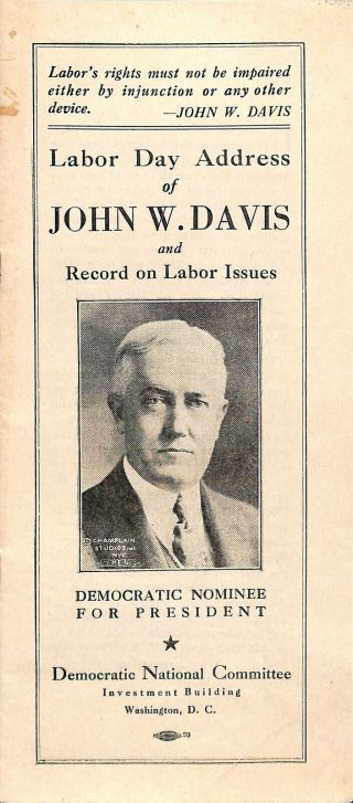 Rare 1924 John W.  Davis For President Record On Labor Issues Pamphlet