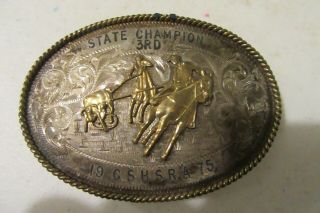 Rare Sterling Silver 1975 Team Roping Rodeo H.  S.  3rd State Champion Belt Buckle