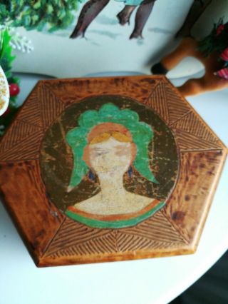 Vintage Old Wood Wooden Box Pot Hand Painted Pyrography Carved Potrait Signed