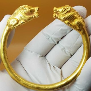 Old Wonderful Roman Greek High Karat Gold Rare Bangle With 2 Animal 26.  3 Grams