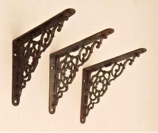 3 Ornate Antique Victorian Matching Cast Iron Wall Shelf Support Brackets