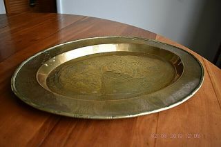 Antique 19th Century Oval Brass Chinese Tray With Chinese Designs And Symbols.