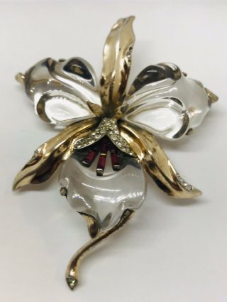 Rare Trifari Sterling Alfred Philippe Lucite & Red Stones Jelly Belly Flower Pin