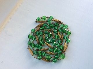 Antique Czech Green Faceted Glass Filigree Gilt Bead Flapper Necklace C1930